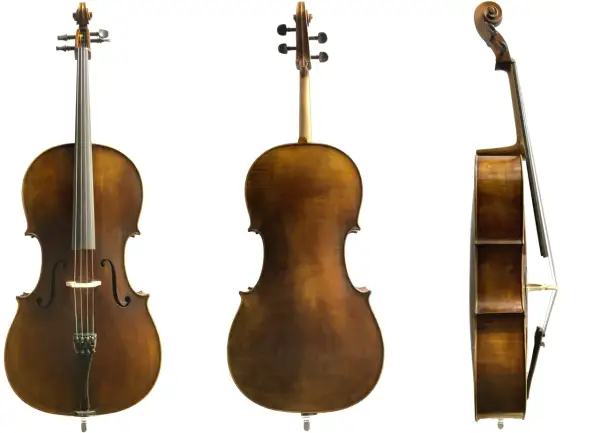 Drei Ansichten eines wunderschönen, braunen Violoncello-Instruments.