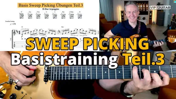 Mann spielt Gitarre, Noten und Akkorde für Sweep Picking Übungen.