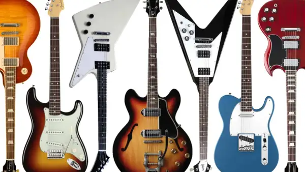 Vielfalt an E-Gitarrentypen: von klassisch bis extravagant, wie Les Paul, Stratocaster, Explorer, Flying V, SG und Telecaster.