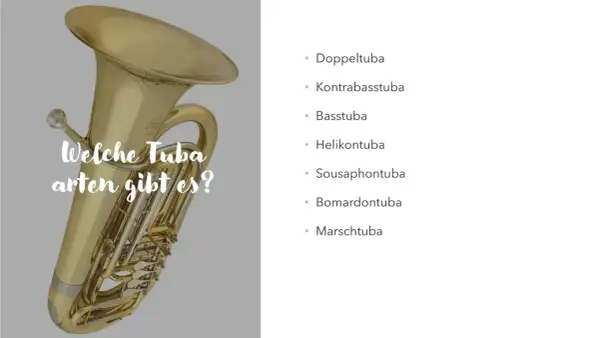 Eine glänzende Tuba steht im Vordergrund, daneben eine Liste verschiedener Tuba-Arten wie Kontrabasstuba und Marschtuba.