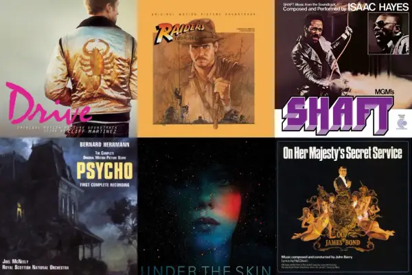 Eine Filmmusik Liste mit Covern von "Drive", "Raiders of the Lost Ark", "Shaft", "Psycho", "Under the Skin" und "On Her Majesty's Secret Service".